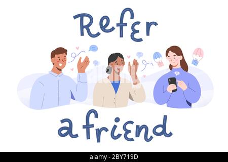 Programma di riferimento, concetto di marketing bocca, amici che consigliano l'azienda, la condivisione dei collegamenti di riferimento ottenere ricompensa, programma fedeltà bonus, cartone animato felice Illustrazione Vettoriale