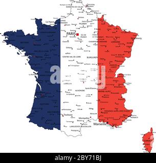 Francia Mappa politica molto dettagliata con bandiera nazionale isolata su sfondo bianco. Illustrazione Vettoriale