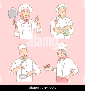 Chef con strumenti culinari cartoni animati vettoriali illustrazione. Donna e uomini sorridenti felici in uniforme, il personale del ristorante delinea personaggi che cucinano piatti e tengono una padella e una spatola da cucina. Illustrazione Vettoriale