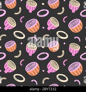 Cipolla, cipolla vegetale tagliata a metà con fette e anelli, illustrazione di cibo vegetale, modello vettoriale senza giunture, ornamento alla moda, buono come Illustrazione Vettoriale