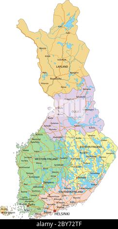 Finlandia - Mappa politica modificabile e molto dettagliata con etichettatura. Illustrazione Vettoriale