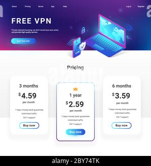 Pagina web di navigazione internet sicura VPN, banner per landing page, layout di modelli vettoriali per VPN business, sito web proxy, notebook isometrico e. Illustrazione Vettoriale