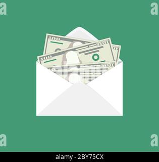 Busta aperta con banconote in dollari. Illustrazione del concetto di pagamento, stipendio, investimento, corruzione in stile piatto. Illustrazione Vettoriale