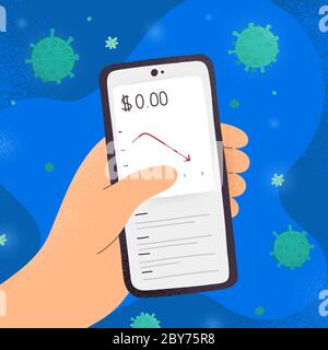 Crisi economica del coronavirus, freccia giù del mercato azionario nel diagramma, concetto di economia di rottura, smartphone in mano con i virus del cocid19, finanziario Illustrazione Vettoriale