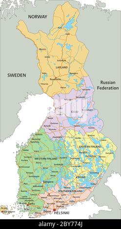 Finlandia - Mappa politica modificabile e molto dettagliata con etichettatura. Illustrazione Vettoriale