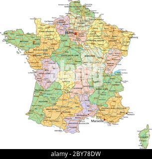 Francia - Mappa politica modificabile e molto dettagliata con etichettatura. Illustrazione Vettoriale