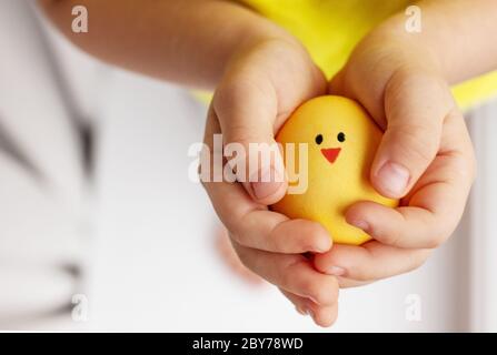 le lancette del bambino tengono con cautela il pollo giallo. vista dall'alto Foto Stock