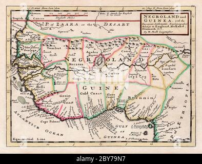 Negroland e Guinea, con gli insediamenti europei, spiegando cosa appartiene all'Inghilterra, all'Olanda, alla Danimarca, ecc. di H. Moll, geografo. Da un atlante stampato e venduto da T. Bowles, Londra circa 1735. La mappa copre alcune delle principali aree schiavate dell'Africa equatoriale. Foto Stock