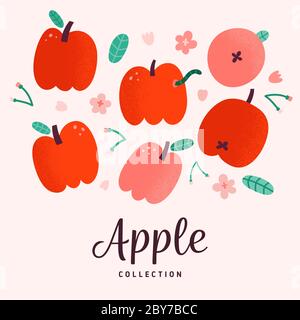 Raccolta di mele rosse, disegno vettoriale di doodle, illustrazione vettoriale isolata, frutta fresca dolce estiva con fiori e foglie in fiore, mela con verme Illustrazione Vettoriale