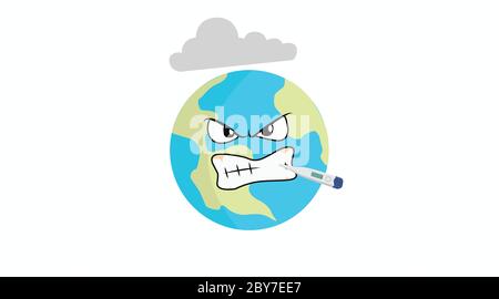 Vettore Cartoon isolato Illustrazione di una Terra contaminata arrabbiata con una nuvola e un termometro Illustrazione Vettoriale