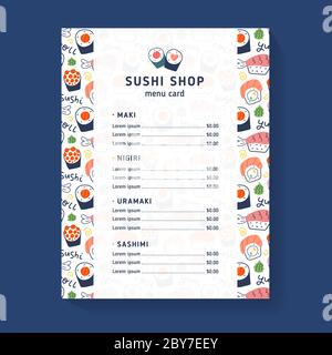 Menu sushi, modello vettoriale per sushi shop, caffè o ristorante, layout di menu, doodle illustrazioni di maki, nigiri e uramaki Rolls, brochure o. Illustrazione Vettoriale