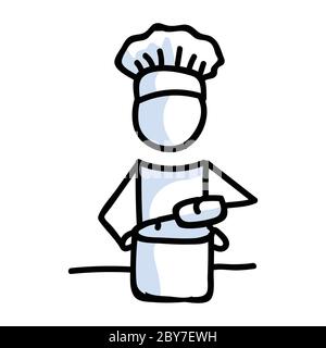 Cute figura bastone chef cucina a casa lineart icona. Pittogramma di preparazione della cena. Comunicazione di illustrazione del pasto del ristorante. Cucina con versatore Illustrazione Vettoriale