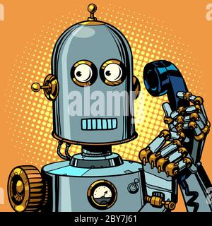 Spaventata divertente robot a parlare su un telefono retrò. La Pop art retrò illustrazione vettoriale disegno Foto Stock