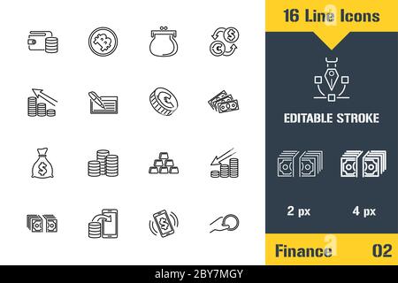 Set di icone Money, Finance, Payments. Icona linea sottile - immagine vettoriale piatta. Pittogramma tratto modificabile. Concetto di grafica di qualità superiore per Illustrazione Vettoriale