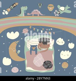 Bambino che dorme con orsacchiotto sotto le stelle, arcobaleno e luna Illustrazione Vettoriale