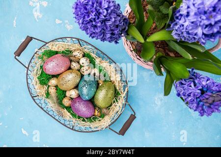 Primavera Pasqua sfondo per le vacanze di primavera. Composizione pasquale con uova di Pasqua colorate su muschio in cesto e giacinto di fiori primaverili. Vista dall'alto Foto Stock