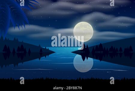 paesaggio di laguna nella notte luna Illustrazione Vettoriale