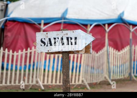 Cartello di direzione, freccia bianca che punta a destra con un safari scritto su di esso con vernice nera Foto Stock