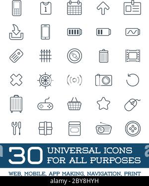 30 icone universali impostate per tutti gli scopi Web, cellulare, creazione di applicazioni, navigazione, Stampa Illustrazione Vettoriale