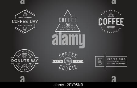 Set di modelli di logotipo di caffè vettoriale e accessori per caffè Illustrazione con icone incorporate con nomi fittizi Illustrazione Vettoriale