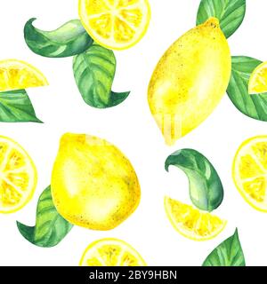 motivo acquerello senza cuciture di limoni gialli maturi e luminosi con fette e foglie Foto Stock