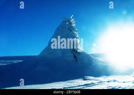 Tempesta di neve, natirvik. I fiocchi di neve sono volando sopra la superficie della neve inverno nord in una giornata di sole. Coperte di neve alberi in background. Foto Stock