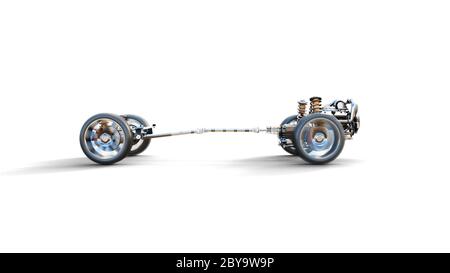 Telaio per auto con motore su isolato bianco. rendering 3d. Foto Stock