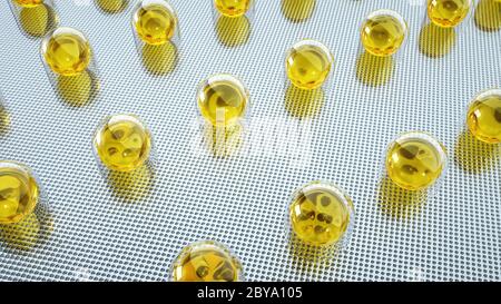 Capsule di olio di pesce. Compresse e pillole imballate. Concetto medico, contesto. rendering 3d. Foto Stock