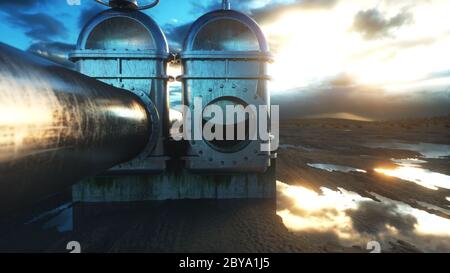 valvola dell'olio e del gas. Pipeline nel deserto. Concetto di olio. rendering 3d. Foto Stock