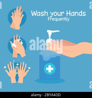 passi lavando le mani frequentemente, pandemia di coronavirus, auto-protezione da covid 19, lavare le mani prevenire 2019 ncov Illustrazione Vettoriale
