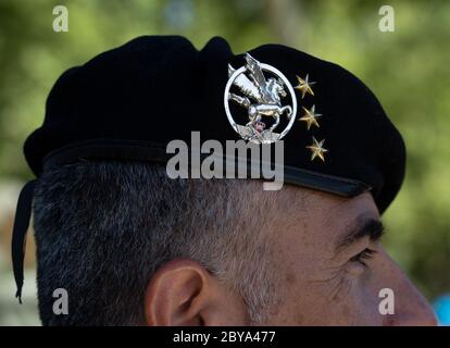 Ritratto del soldato spagnolo in servizio del controllo durante il giorno delle forze armate a Siviglia, Spagna Foto Stock