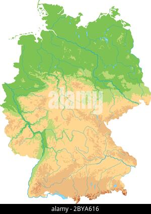 Mappa fisica della Germania dettagliata. Illustrazione Vettoriale