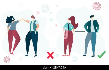 Due coppie che mostrano il modo giusto per eseguire la distanza sociale durante l'epidemia di Coronavirus. Rimani al sicuro, non contattare. Rispettare la sicurezza degli altri. FLA Illustrazione Vettoriale