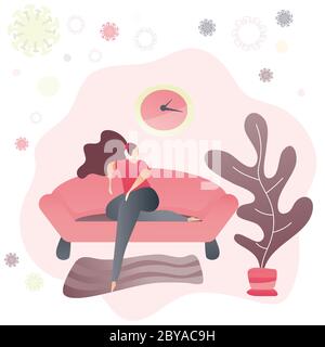Donna seduta su un divano e rilassante durante l'epidemia di Coronavirus. Soggiorno a casa e concetto di isolamento. Pensieri e precauzioni positivi. Illu. Vettore Illustrazione Vettoriale