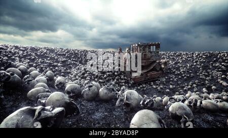 Vecchio bulldozer e mucchio di teschi. Apocalypse e concetto inferno. rendering 3d. Foto Stock