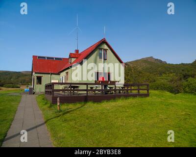 Rifugio Skagfjordsskali a Thorsmork, all'imbocco della Valle Langidalur (Islanda) Foto Stock