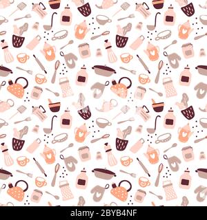Motivo colorato senza cuciture con utensili da cucina su sfondo bianco. Sfondo con utensili da cucina per la preparazione di pasti fatti in casa. Illustrazione vettoriale Illustrazione Vettoriale