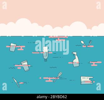 Rifiuti di plastica nell'oceano. Concetto di problema di inquinamento. Illustrazione Vettoriale