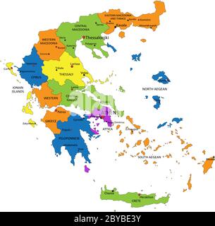 Mappa politica della Grecia colorata con strati chiaramente etichettati e separati. Illustrazione vettoriale. Illustrazione Vettoriale