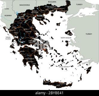 Mappa stradale dettagliata della Grecia con etichettatura. Illustrazione Vettoriale