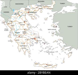 Mappa stradale dettagliata della Grecia con etichettatura. Illustrazione Vettoriale