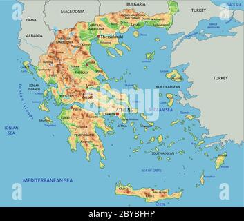 Mappa fisica della Grecia con dettagli elevati e etichettatura. Illustrazione Vettoriale