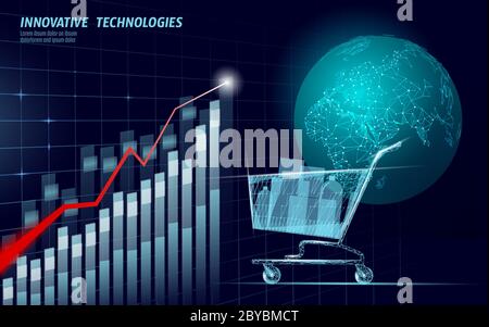 Carrello spesa mappa Mondo bassa poli design 3D. Online shop consegna in tutto il mondo la vendita illustrazione vettoriale Illustrazione Vettoriale