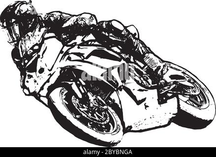 Motociclista a sport bike passeggiate su strada asfaltata vuota. bici sportiva. Illustrazione Vettoriale