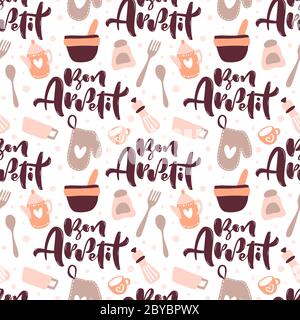 Modello senza cuciture con strumenti di cottura e testo calligrafico Bon Appetit. Sfondo con utensili da cucina per la preparazione di pasti fatti in casa. Vettore Illustrazione Vettoriale