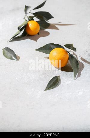 Arance intere con foglie di arance su sfondo bianco spazio copia Foto Stock