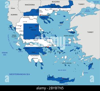 Grecia Mappa politica molto dettagliata con bandiera nazionale. Illustrazione Vettoriale