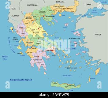Grecia - Mappa politica modificabile e molto dettagliata con etichettatura. Illustrazione Vettoriale