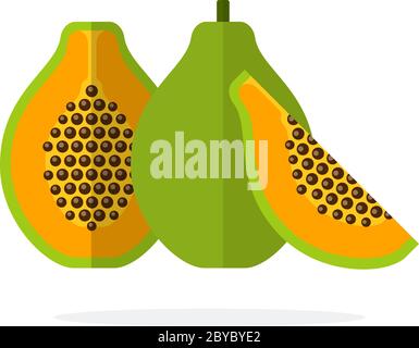 Papaia intera, mezza papaia e un segmento di papaia con semi piatti isolati Illustrazione Vettoriale