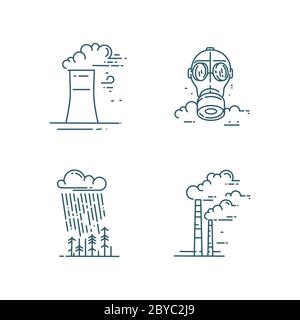 Set di icone delle linee di inquinamento dell'aria e del suolo. Illustrazione Vettoriale